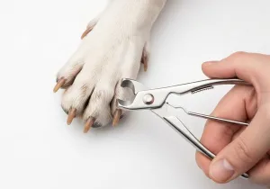Personne coupant les griffes de son chien avec un coupe-griffes professionnel