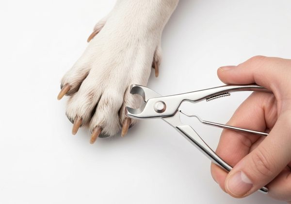 Personne coupant les griffes de son chien avec un coupe-griffes professionnel