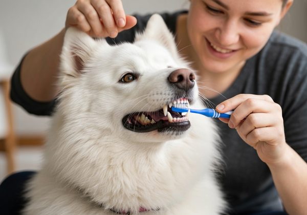 Personne brossant les dents de son chien avec une brosse à dents