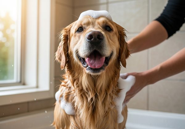 Golden Retriever en train d'être lavé avec de la mousse de shampoing