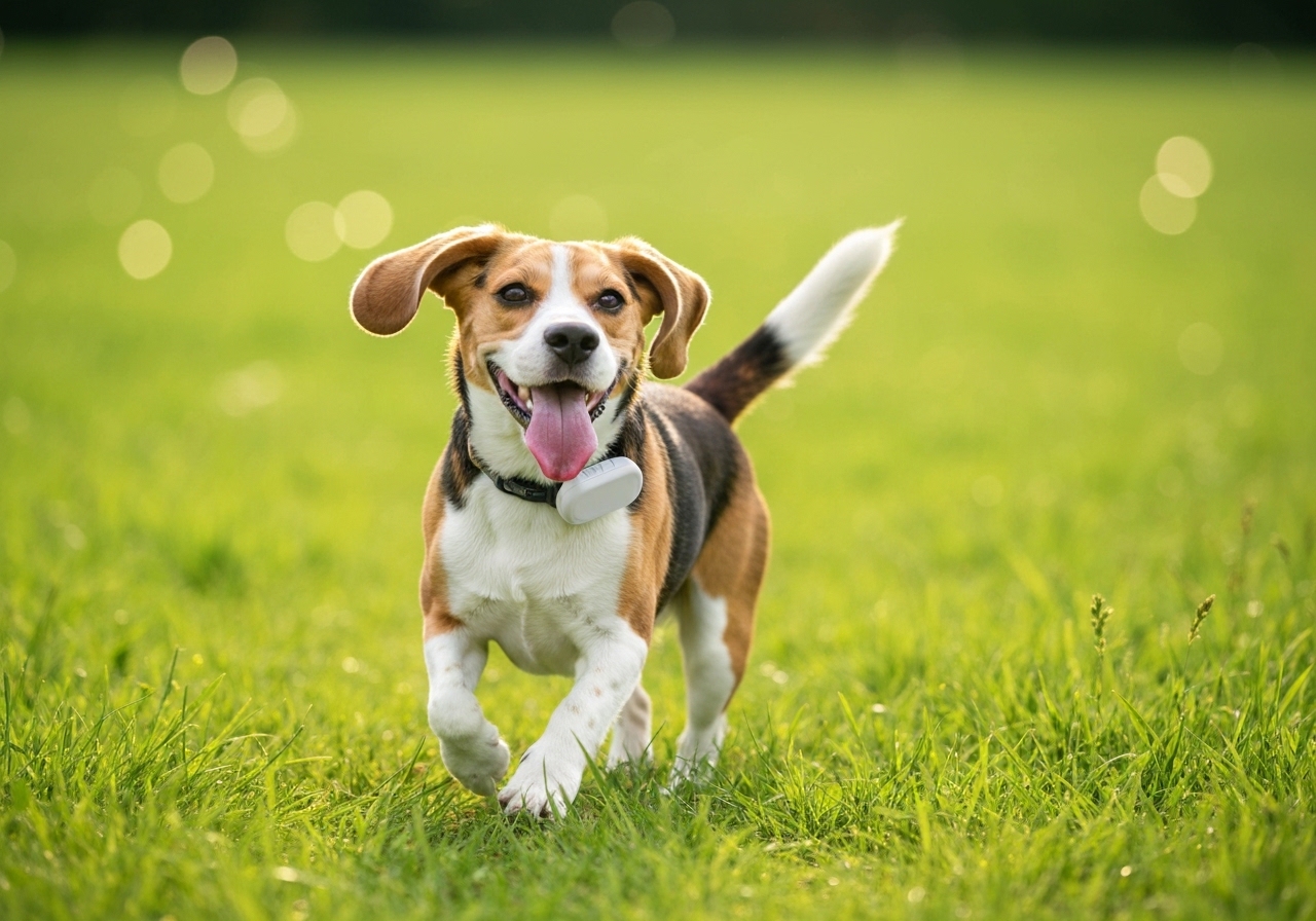 Chien courant dans un champ avec un collier GPS Weenect Chien XT